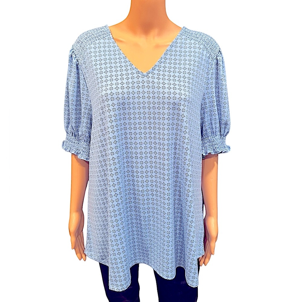 ADRIANNA PAPELL Elbow Smocked Puff Sleeve Stretchy Baby Blue Blouse NWT  2X